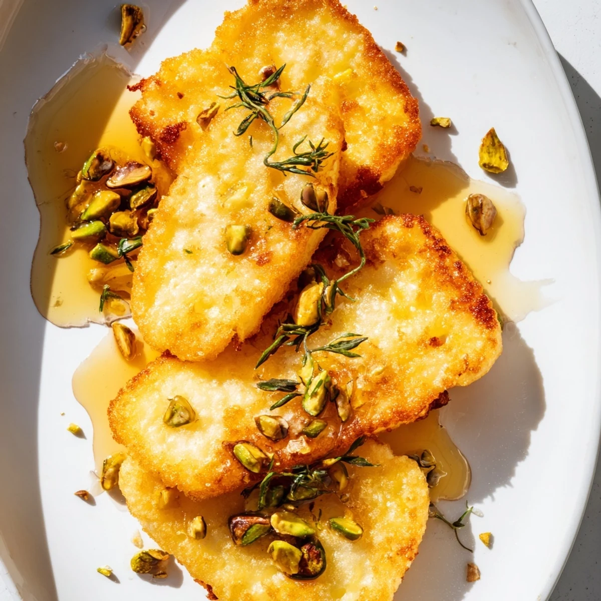 Golden fried Honey Halloumi drizzled with honey and topped with fresh herbs  