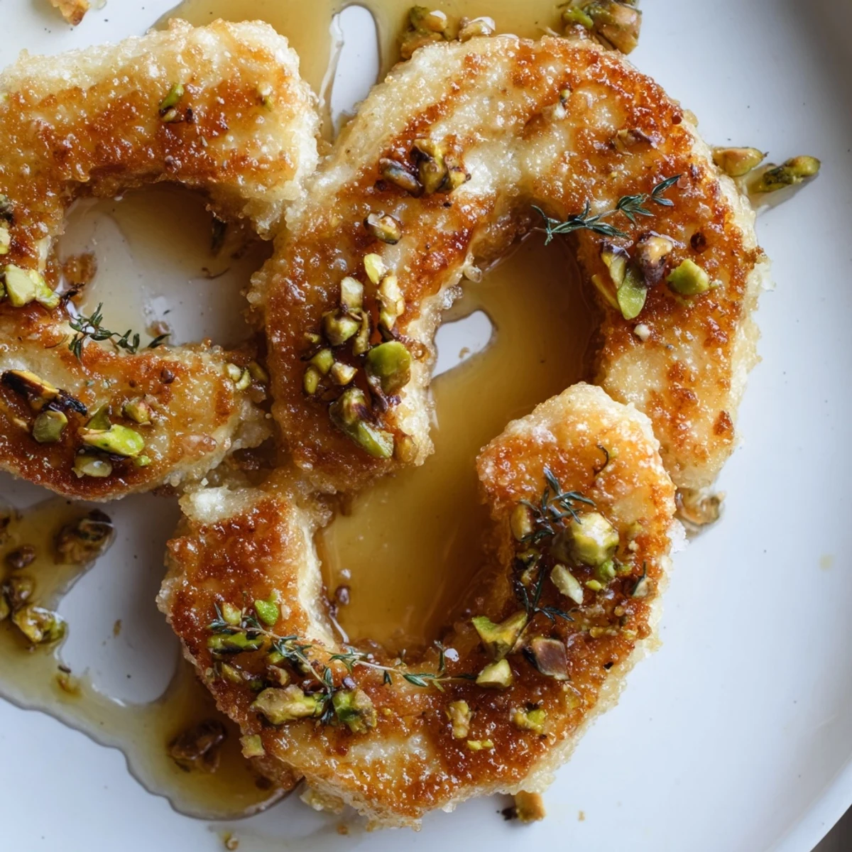 Crispy Honey Halloumi appetizer sprinkled with pistachios and aromatic thyme leaves