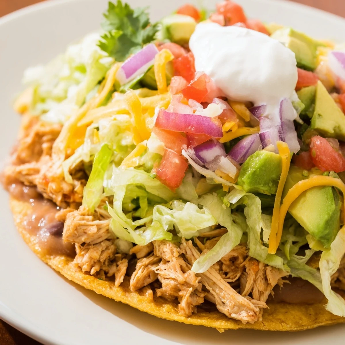 Crispy Chicken Tostadas loaded with seasoned meat and fresh vibrant toppings.  