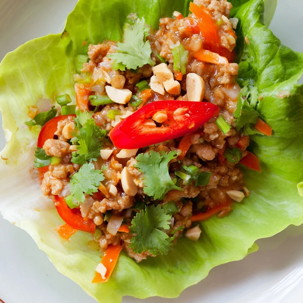 Savory Thai chicken lettuce wraps topped with peanuts, cilantro, and fresh mint.  