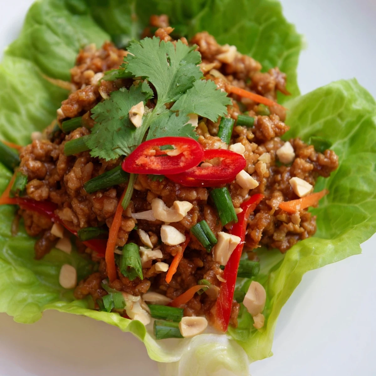 Crisp butter lettuce cups filled with spicy Thai chicken and crunchy vegetables.  