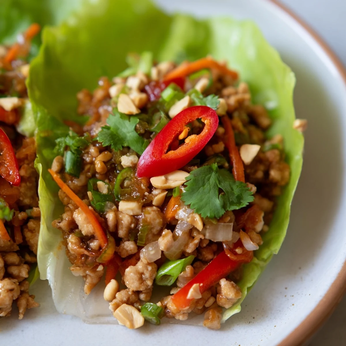 Healthy Thai chicken lettuce wraps garnished with lime wedges and vibrant herbs.