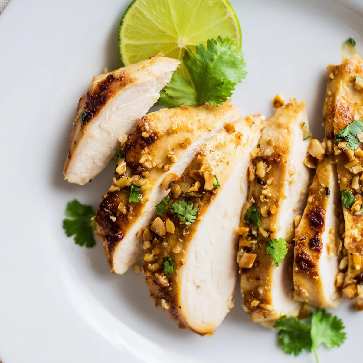 Golden grilled Cilantro Lime Chicken topped with fresh herbs and lime wedges.  