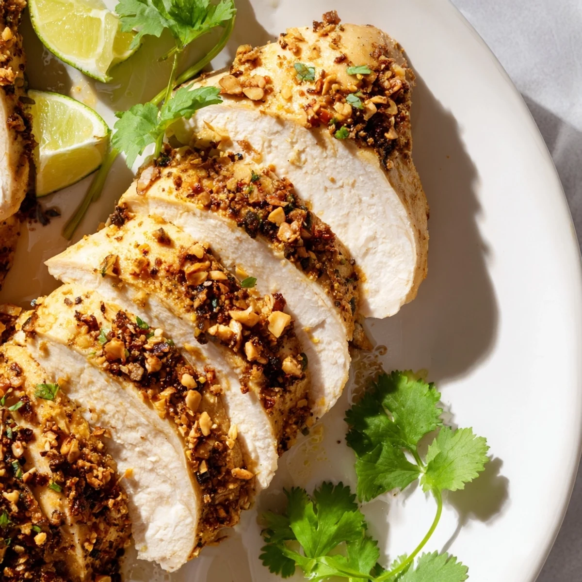 Juicy pan-seared Cilantro Lime Chicken served with rice and vibrant garnishes.  