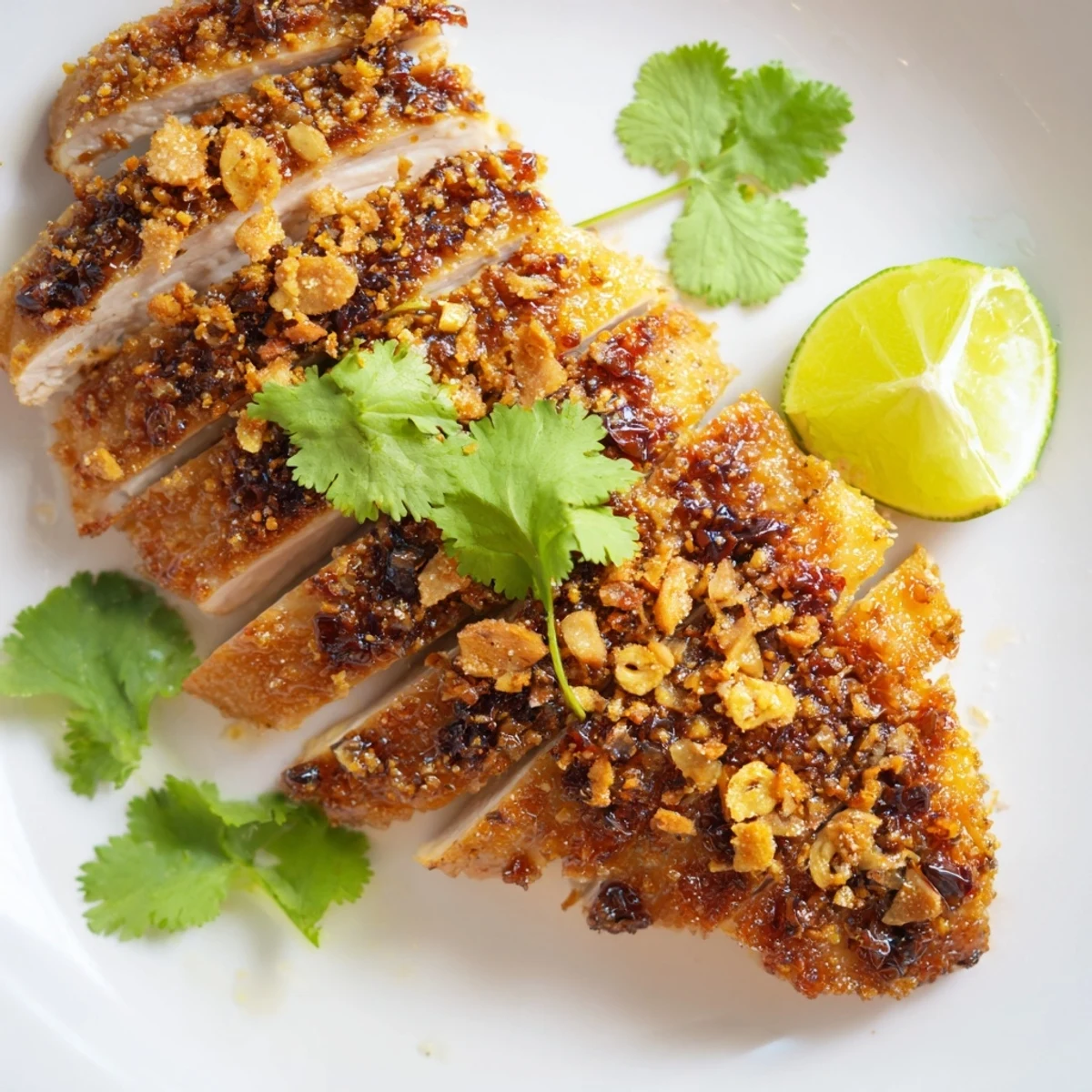 Sliced Cilantro Lime Chicken on a platter with zesty marinade and cilantro.