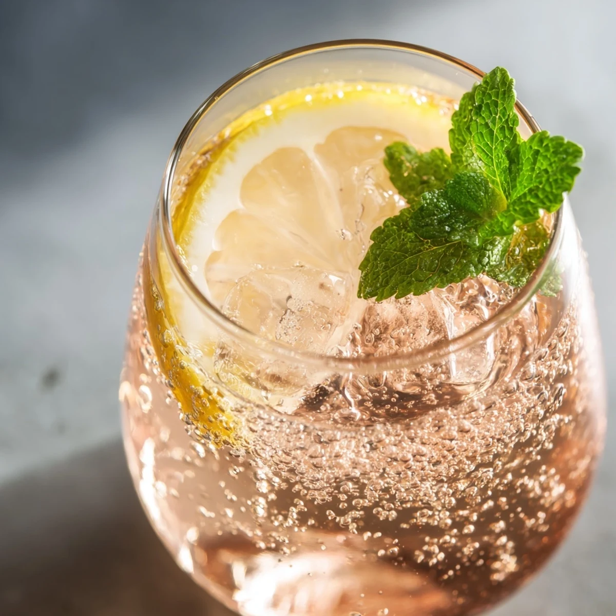 Glass of chilled Honey Lemon Pink Soda garnished with fresh mint and vibrant pink hue.  