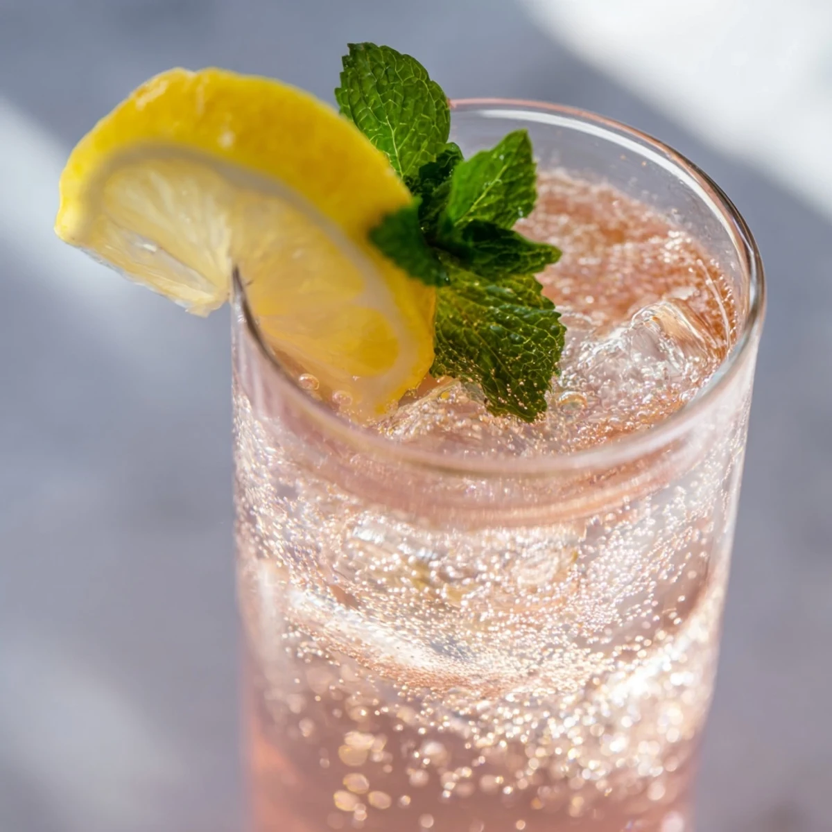 Refreshing Honey Lemon Pink Soda with fizzy bubbles and lemon slices on ice.  