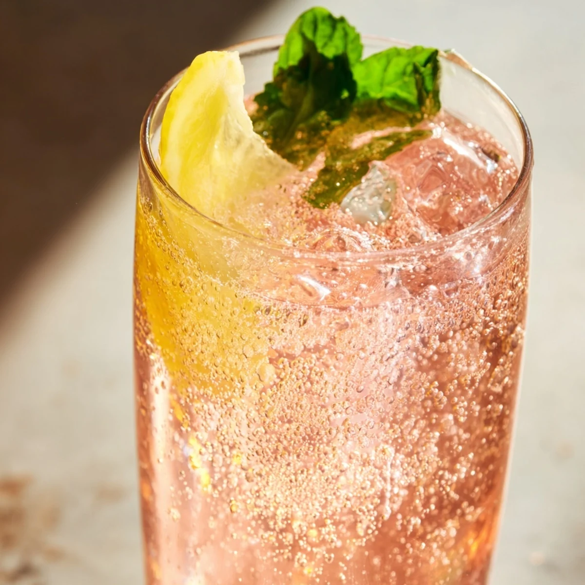Effervescent Honey Lemon Pink Soda served over ice with a citrusy, sweet aroma.
