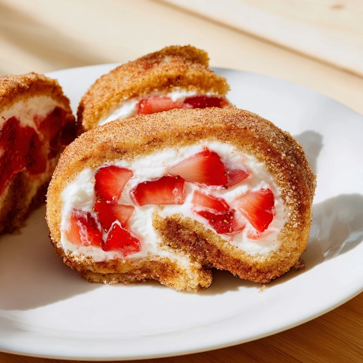 Golden strawberry cream cheese roll ups sliced to show sweet fruity filling.  