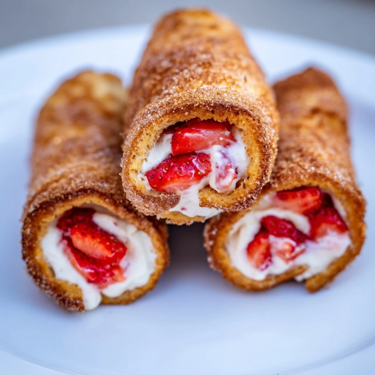 Warm toasted strawberry cream cheese roll ups dusted with cinnamon sugar coating.  