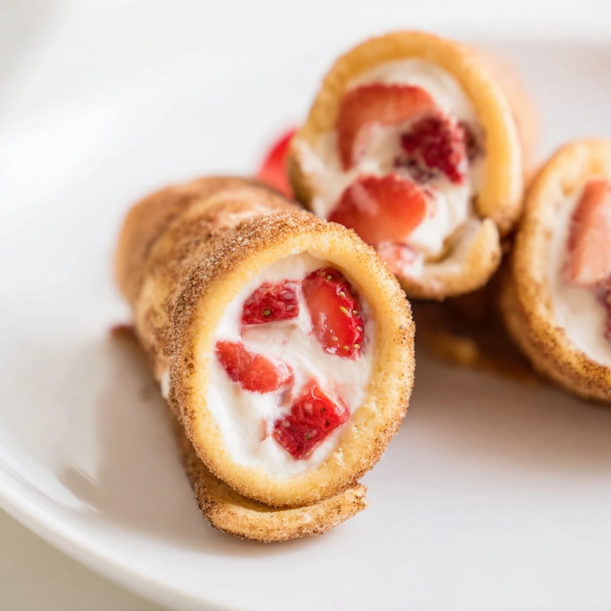Crispy pan-fried strawberry cream cheese roll ups served on a white plate.