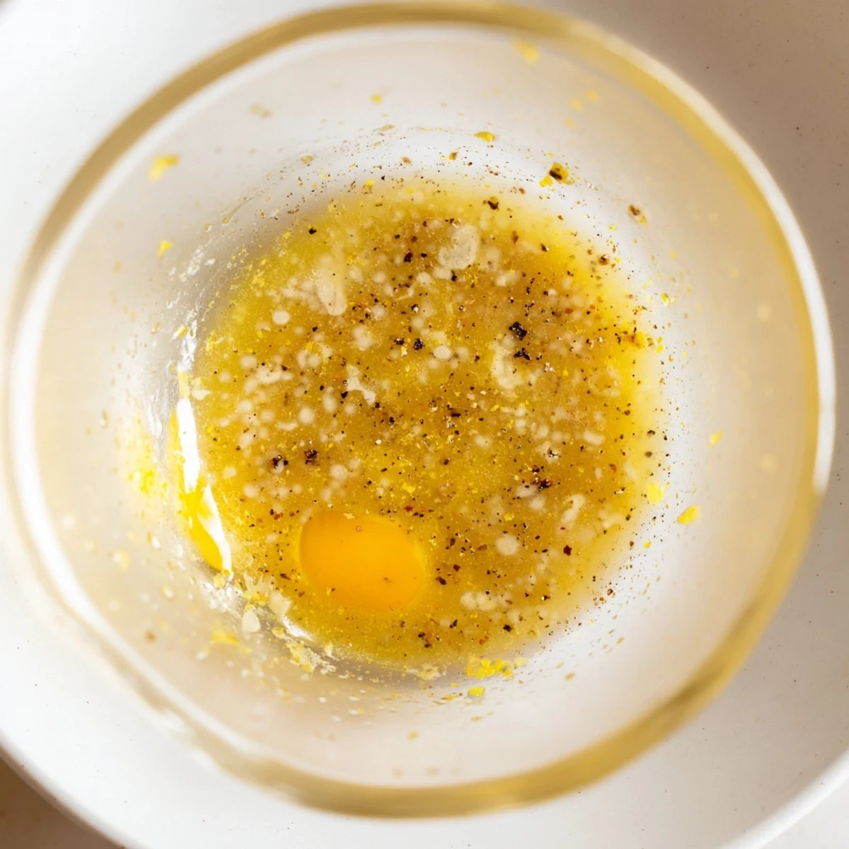 Golden lemon vinaigrette dressing recipe drizzled over fresh green salad leaves.  
