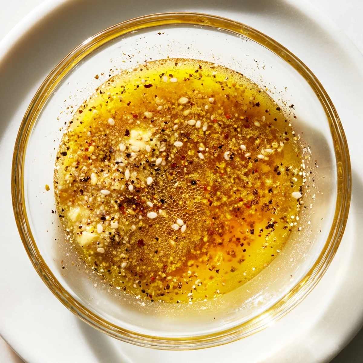 Zesty lemon vinaigrette dressing recipe in a glass jar with olive oil swirls.  