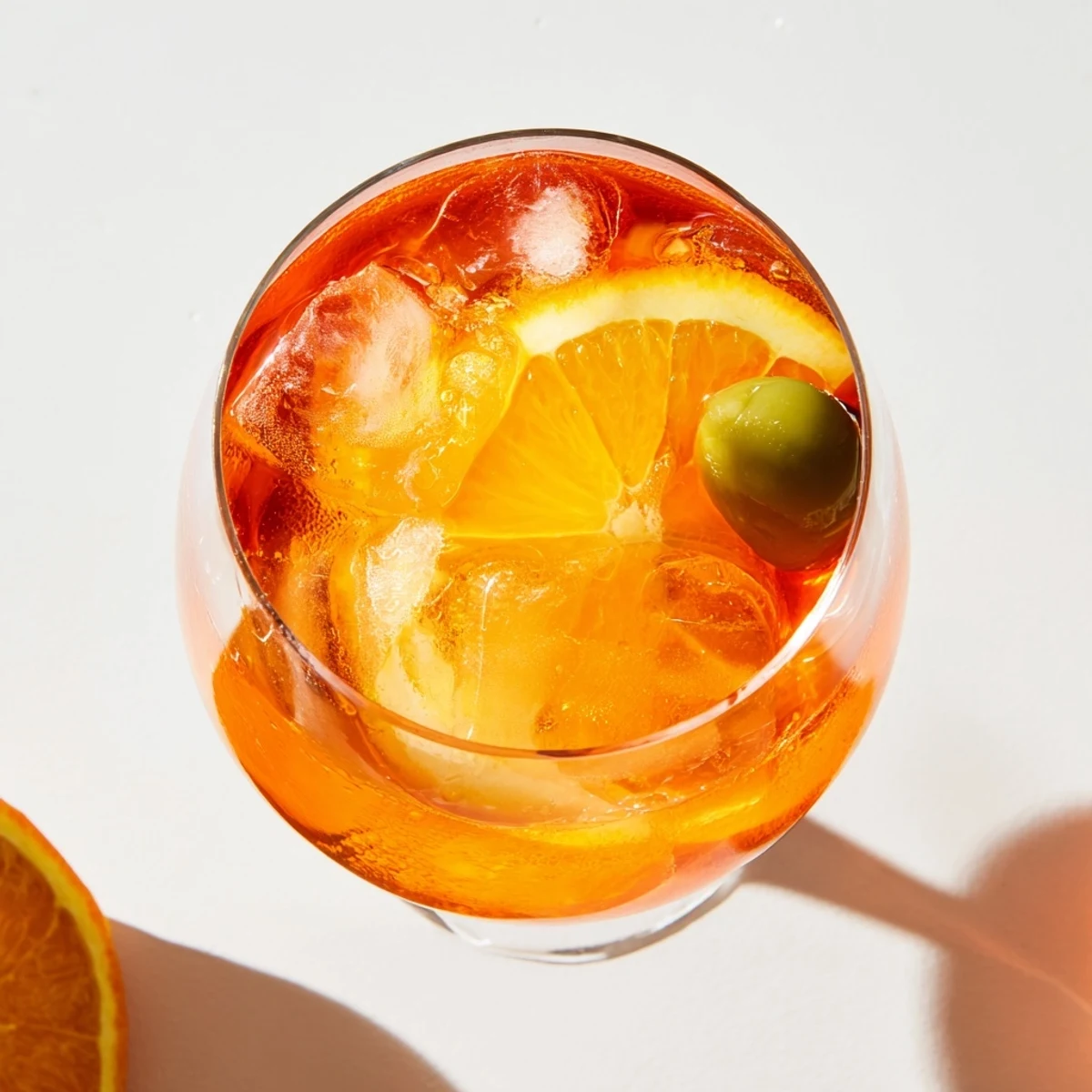 Vibrant Spritz cocktail garnished with orange slice and green olive.  