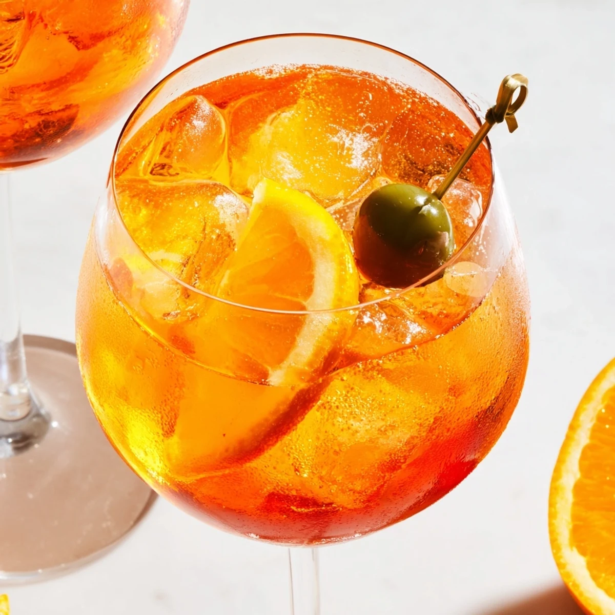 Refreshing Aperol Spritz in a glass with ice and soda bubbles.  