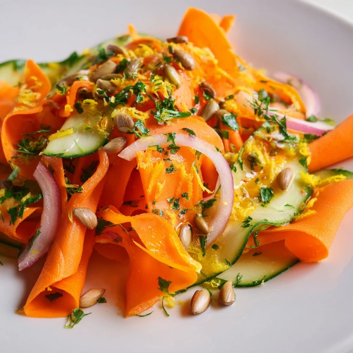 Colorful carrot ribbon salad with citrus dressing and fresh parsley garnish  
