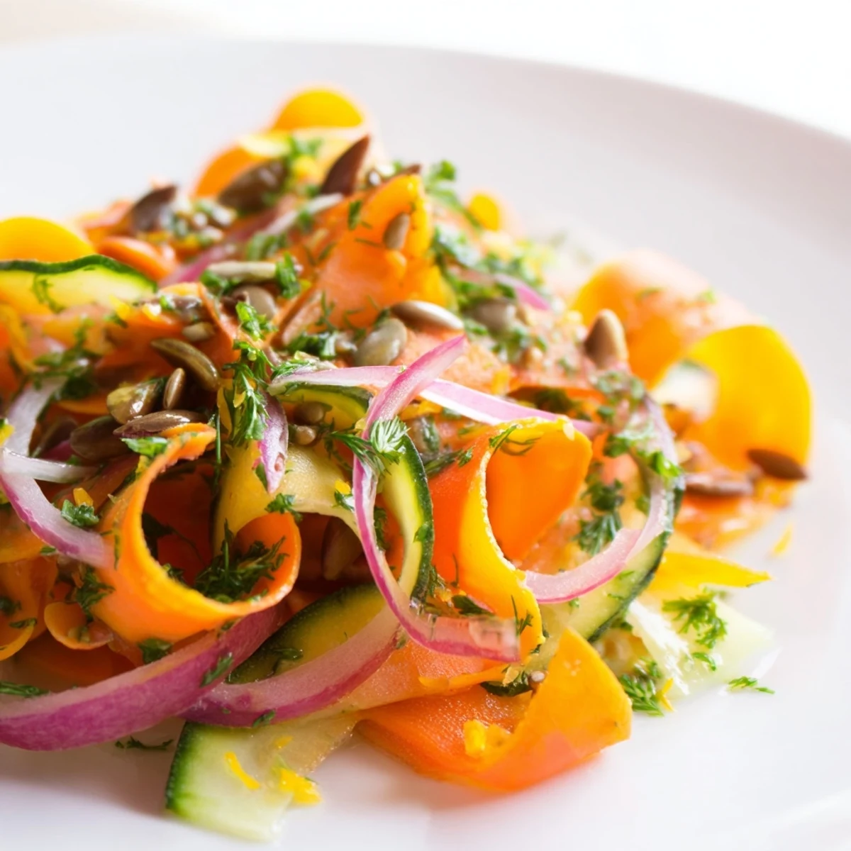 Vibrant carrot ribbon salad served with toasted sunflower seeds and lemon zest