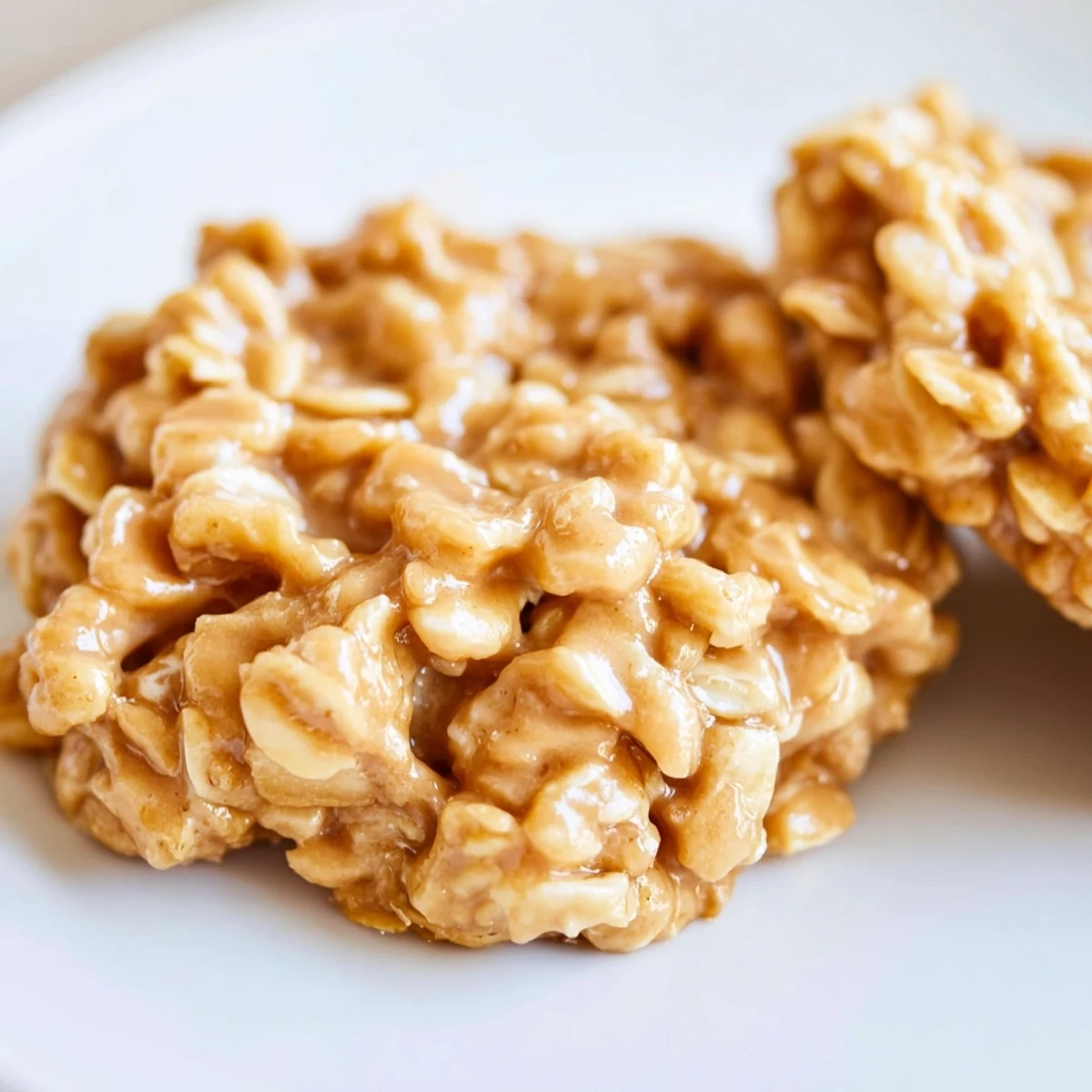 Golden peanut butter no bake cookies drizzled with chocolate on a rustic wooden board.