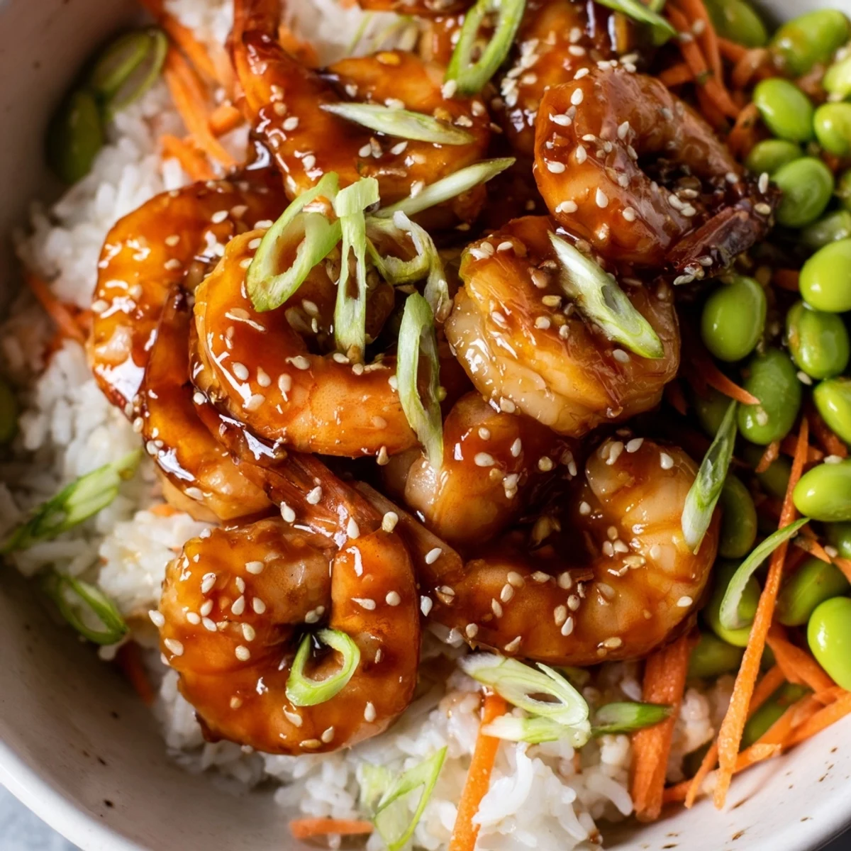 Glossy teriyaki shrimp rice bowl with fresh vegetables and sesame seeds  