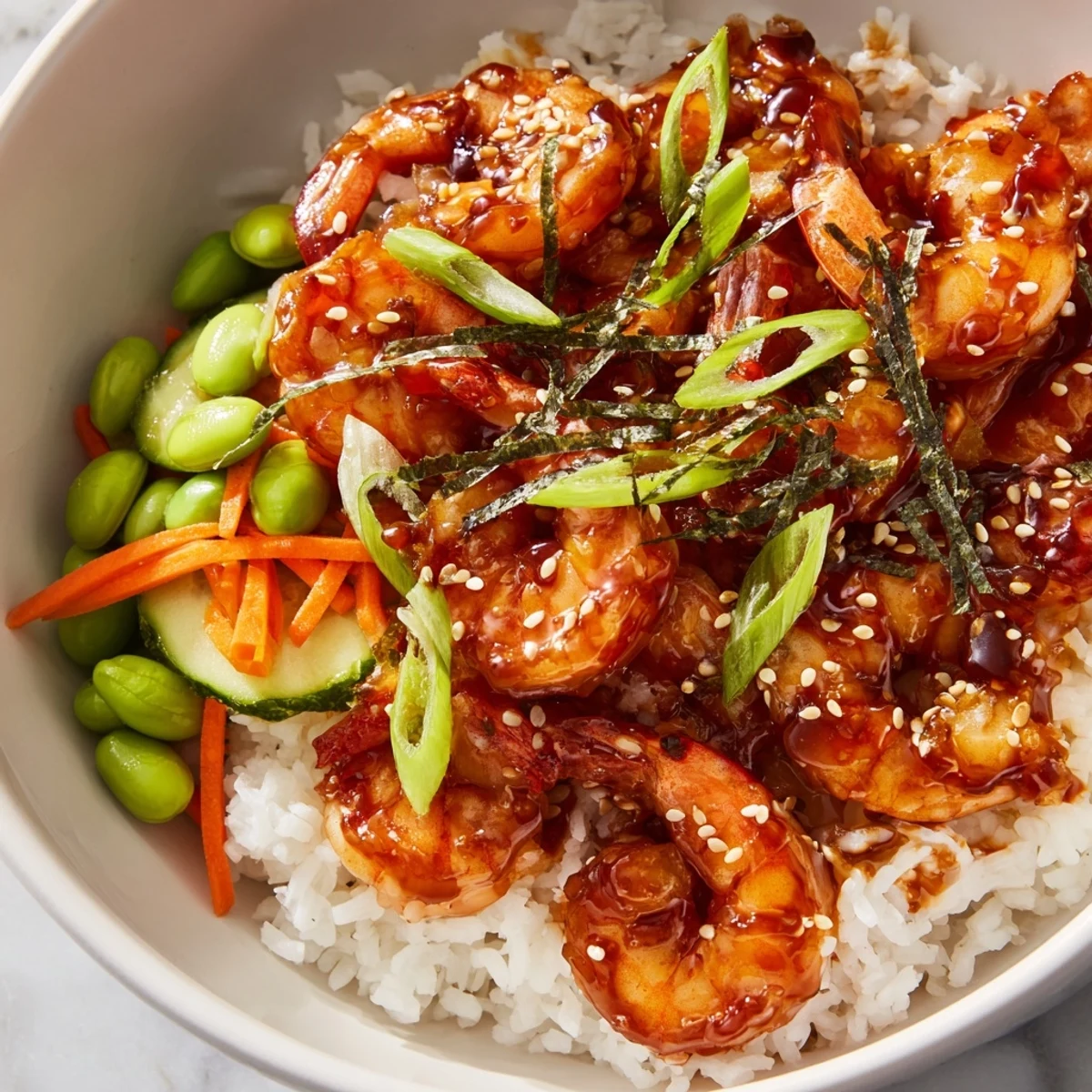 Fluffy rice topped with sweet glazed shrimp and crisp colorful veggies  