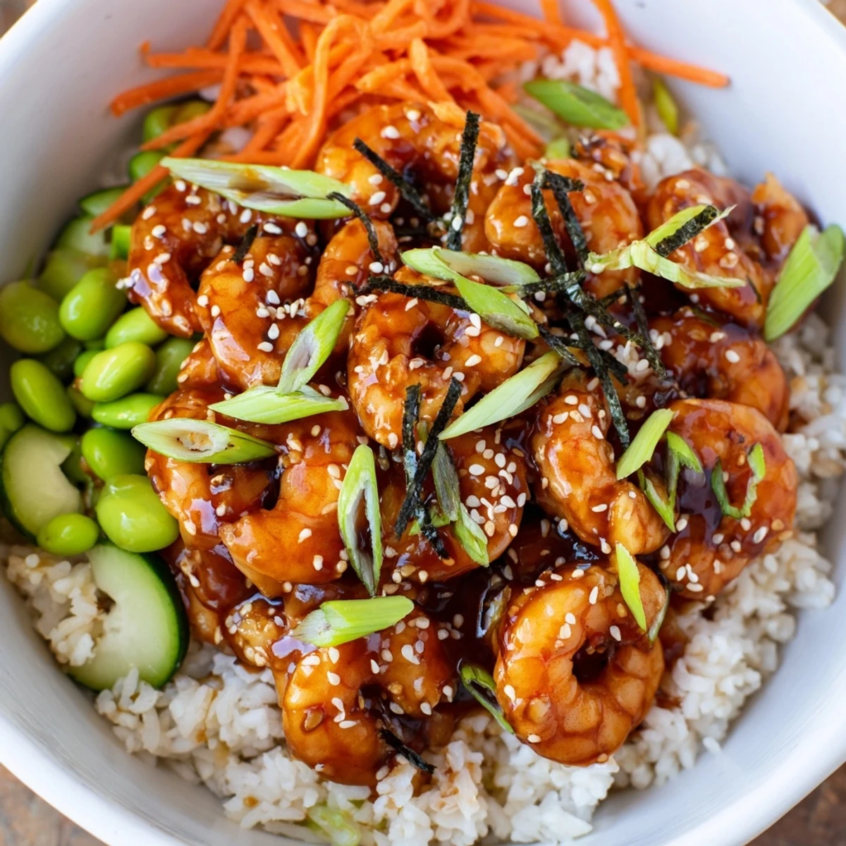 Delicious teriyaki shrimp rice bowl featuring succulent shrimp and crunchy garnishes