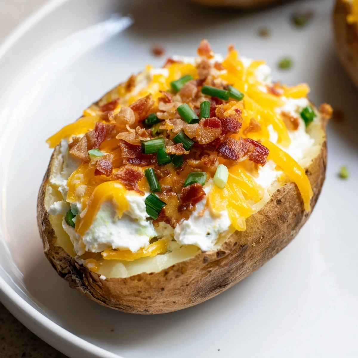 Golden, cheesy jalapeno popper twice baked potatoes topped with crispy bacon bits.  