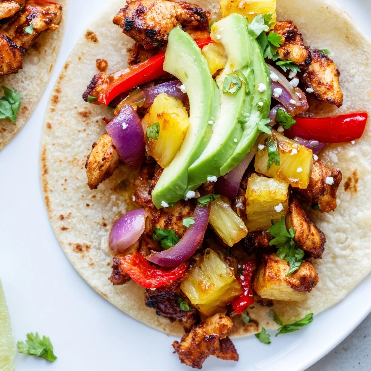 Spicy one pan chicken and pineapple tacos topped with fresh cilantro and lime