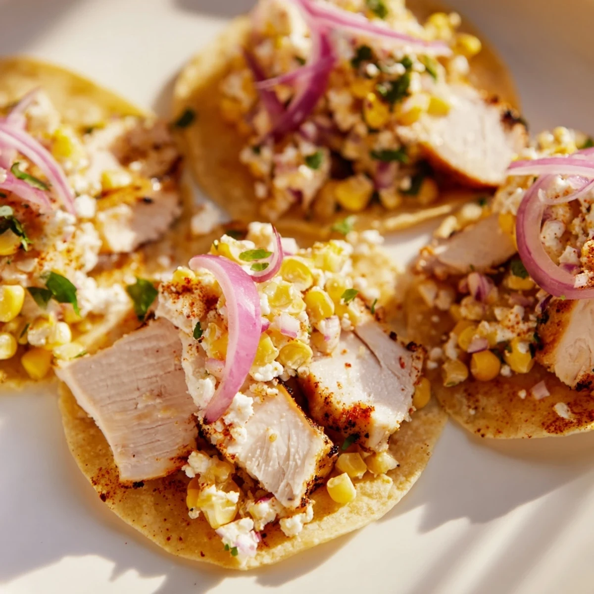 Juicy grilled chicken tacos loaded with zesty street corn and crumbled cheese  