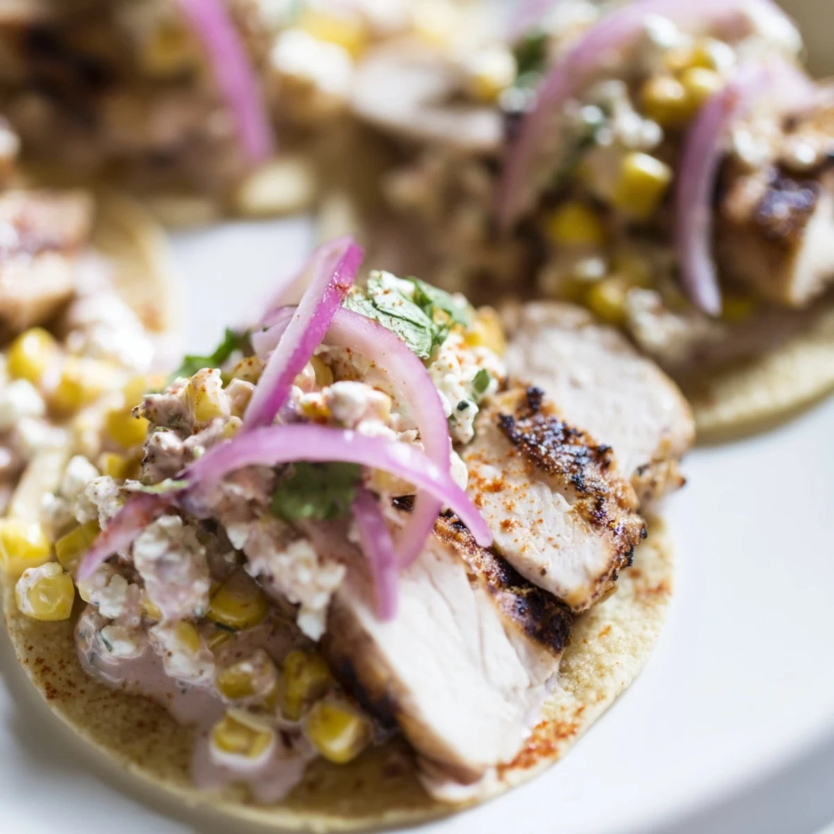 Warm tortillas filled with spiced chicken and tangy street corn mixture