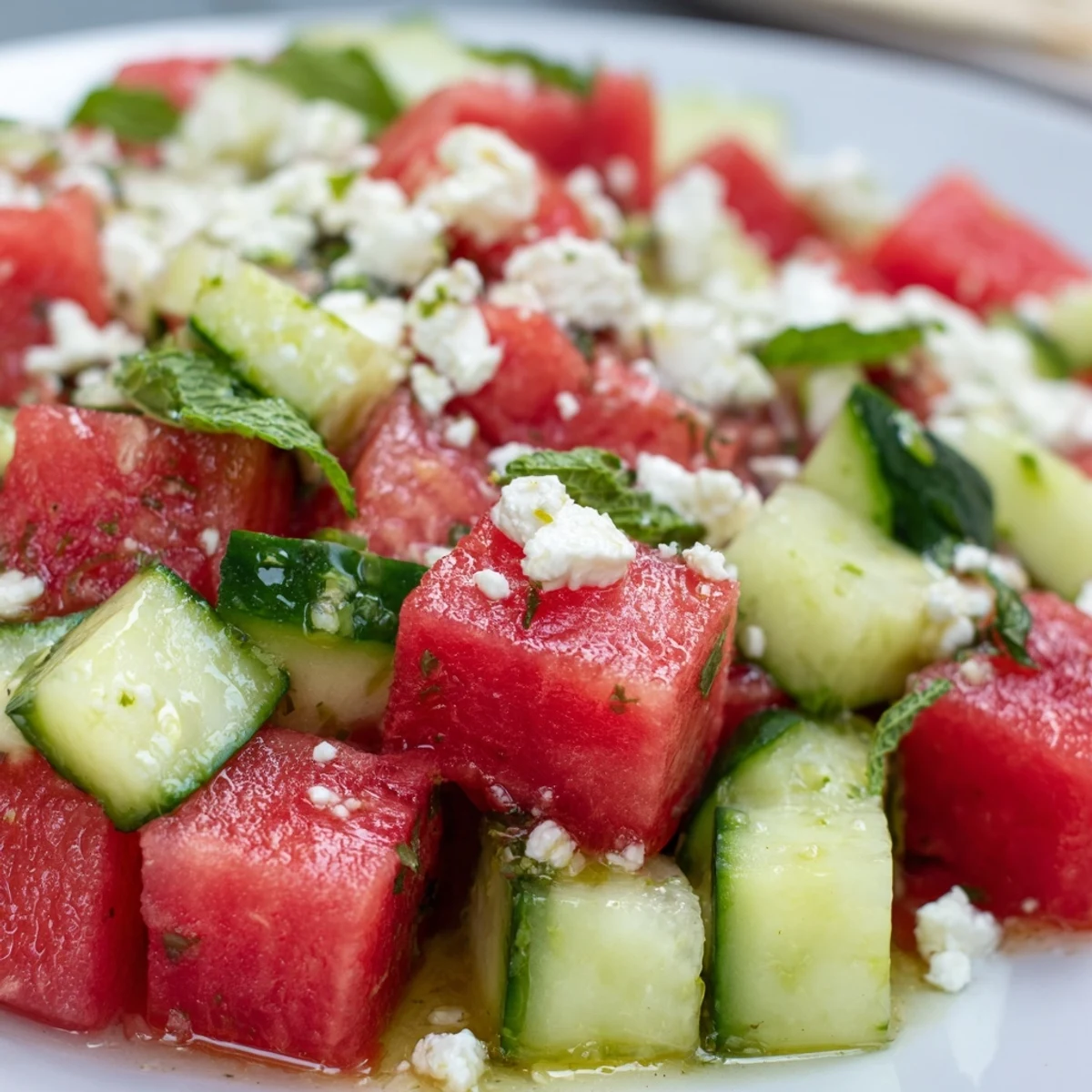 A fresh bowl of watermelon cucumber salad topped with crumbled feta and mint.  