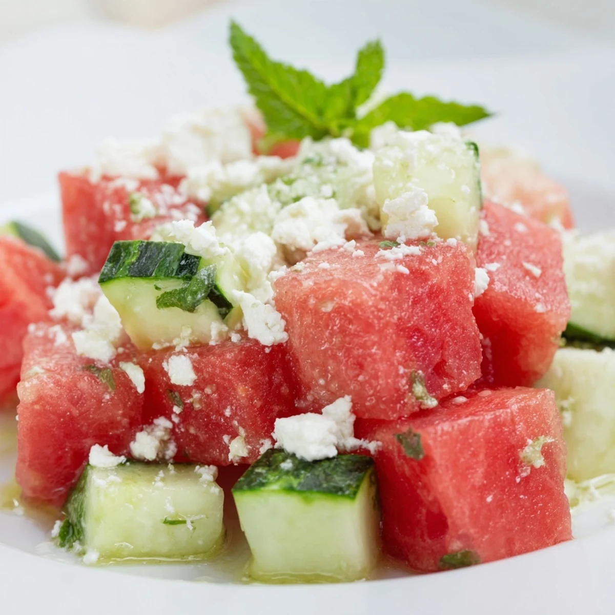 Juicy watermelon and crisp cucumber salad tossed in a tangy lime dressing.  