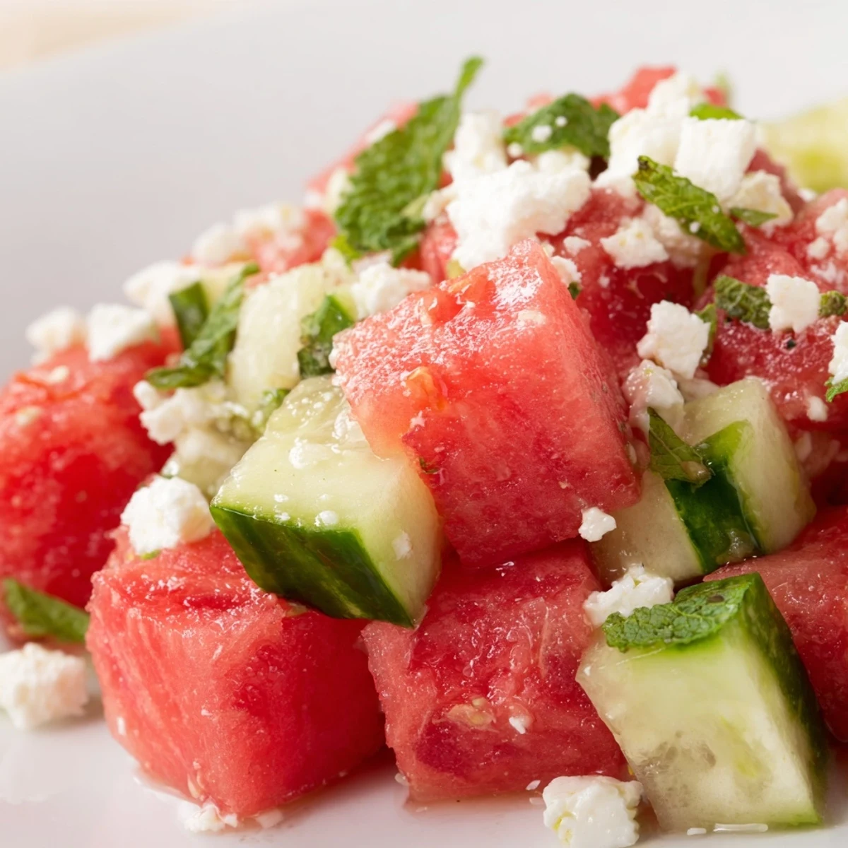 Vibrant watermelon cucumber salad with mint and lime, perfect for summer gatherings.