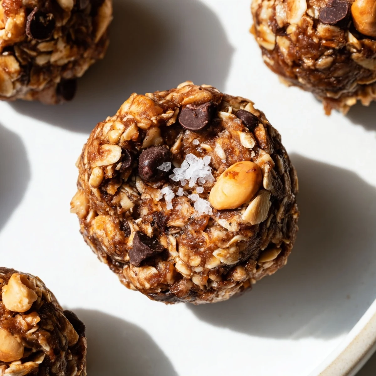 No-bake Snickers energy bites topped with salty peanuts and dark chocolate