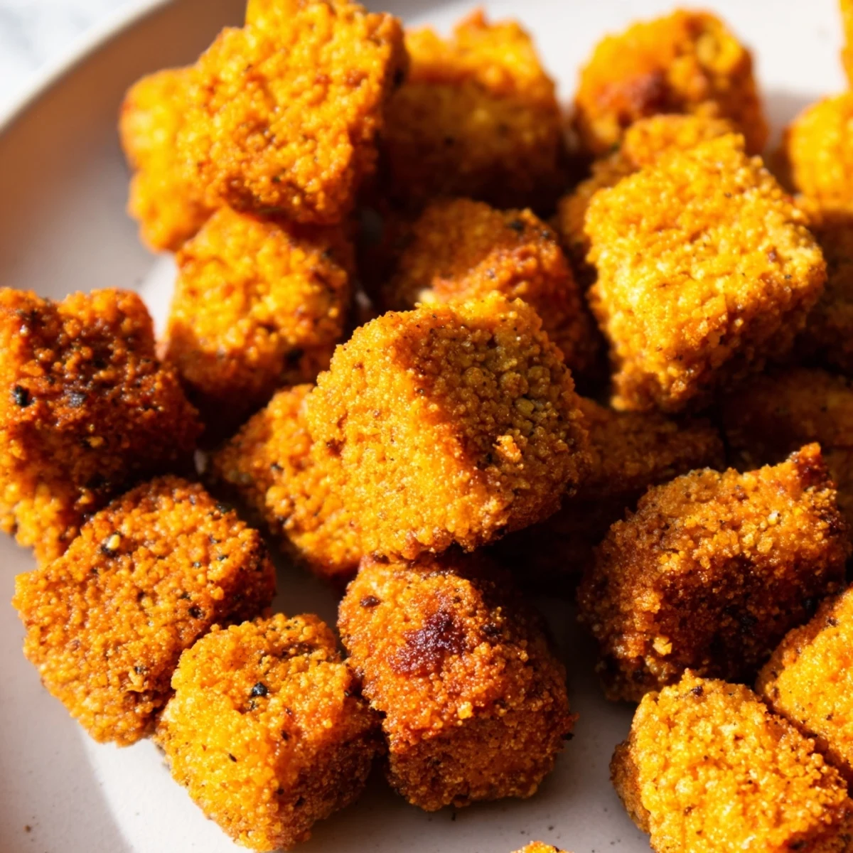 Golden crispy tofu fried chicken pieces served with a side of dipping sauce.