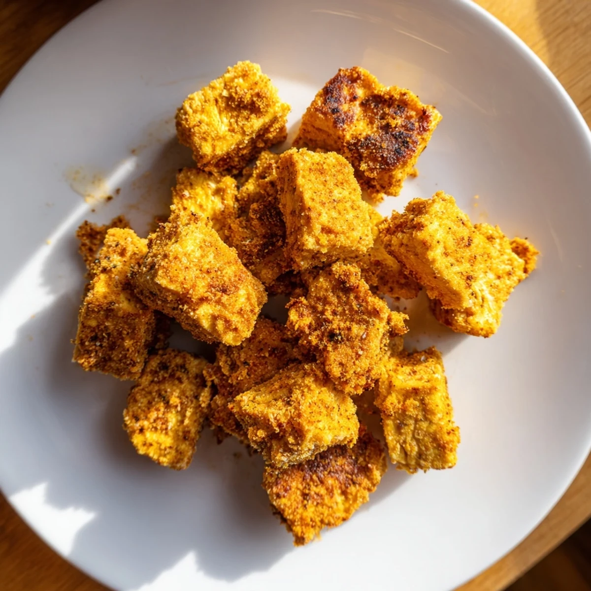 Vegan tofu fried chicken nuggets frying in hot oil until perfectly browned.