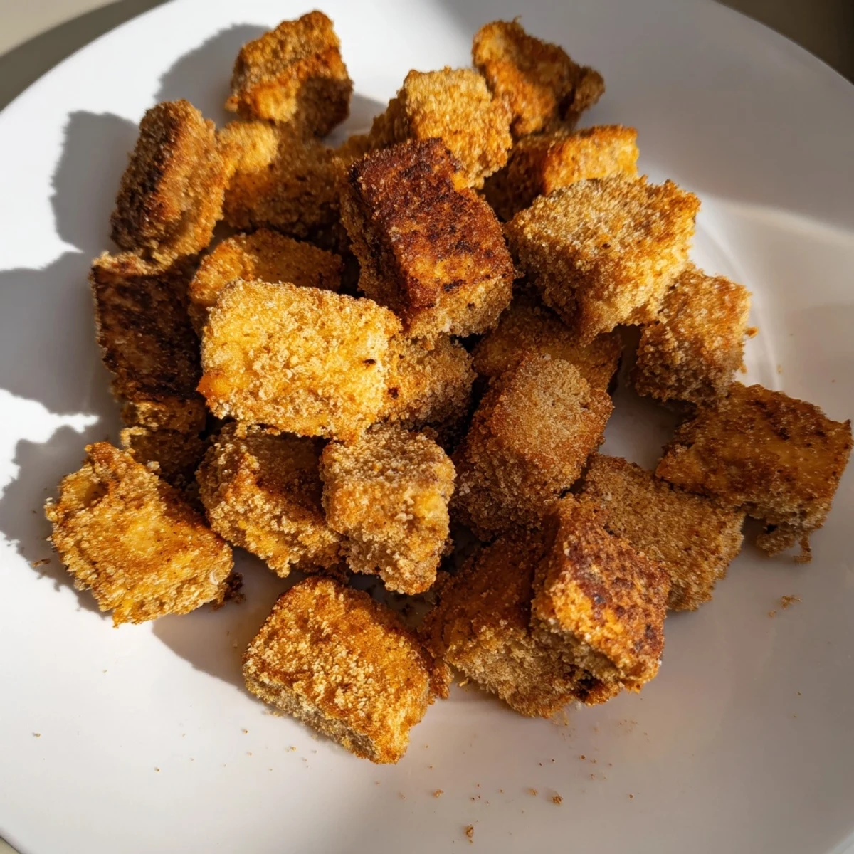 Plate of tender tofu fried chicken coated in seasoned flour and crispy crust.