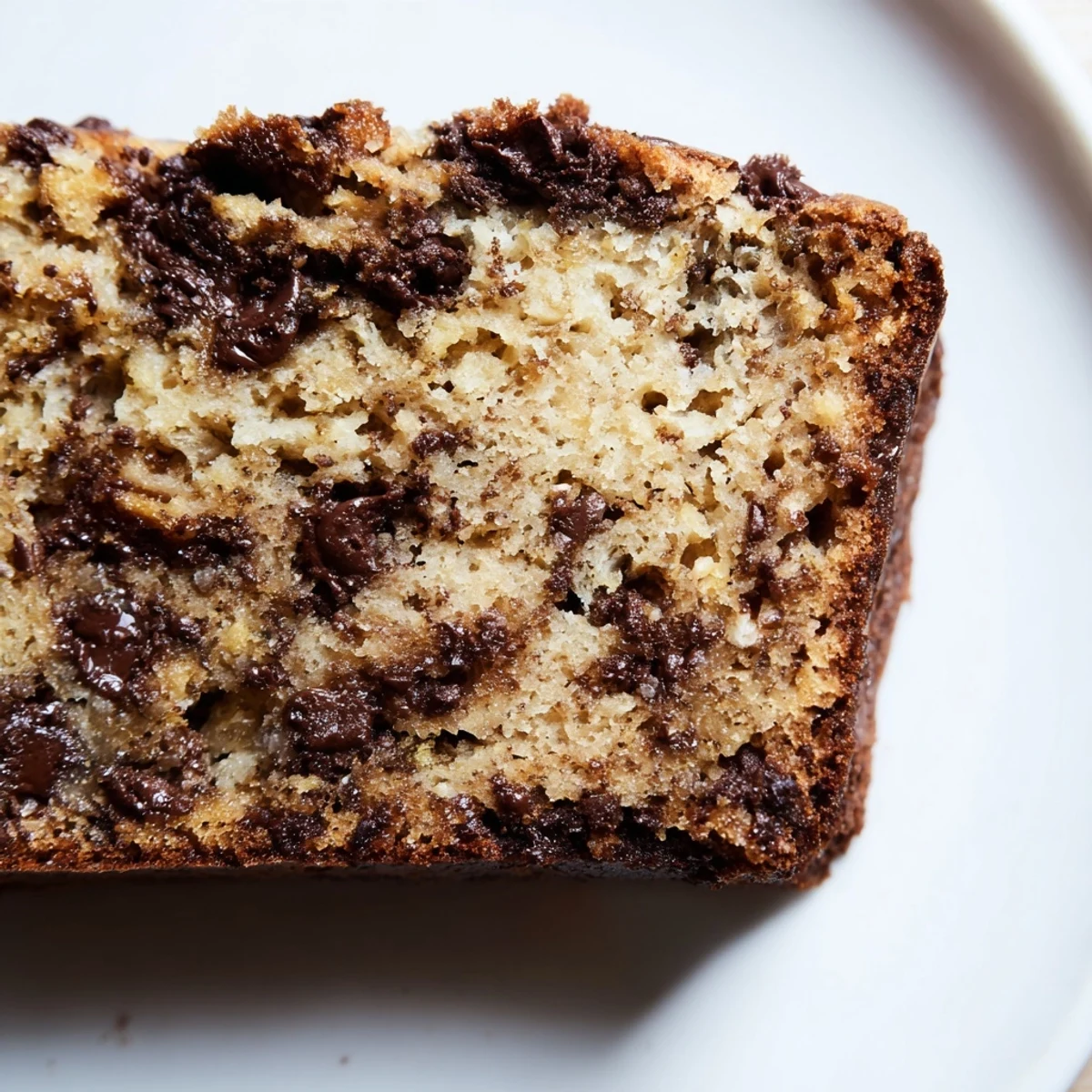 Sliced one bowl banana bread with chocolate chips on a rustic board.