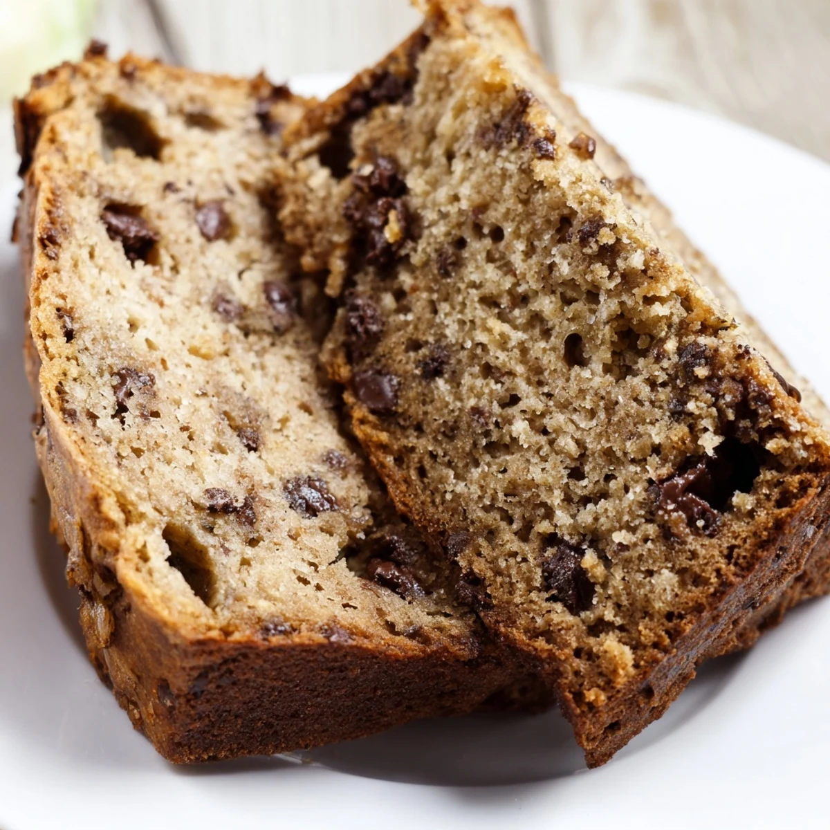 Moist one bowl banana bread with chocolate chips freshly baked and golden.