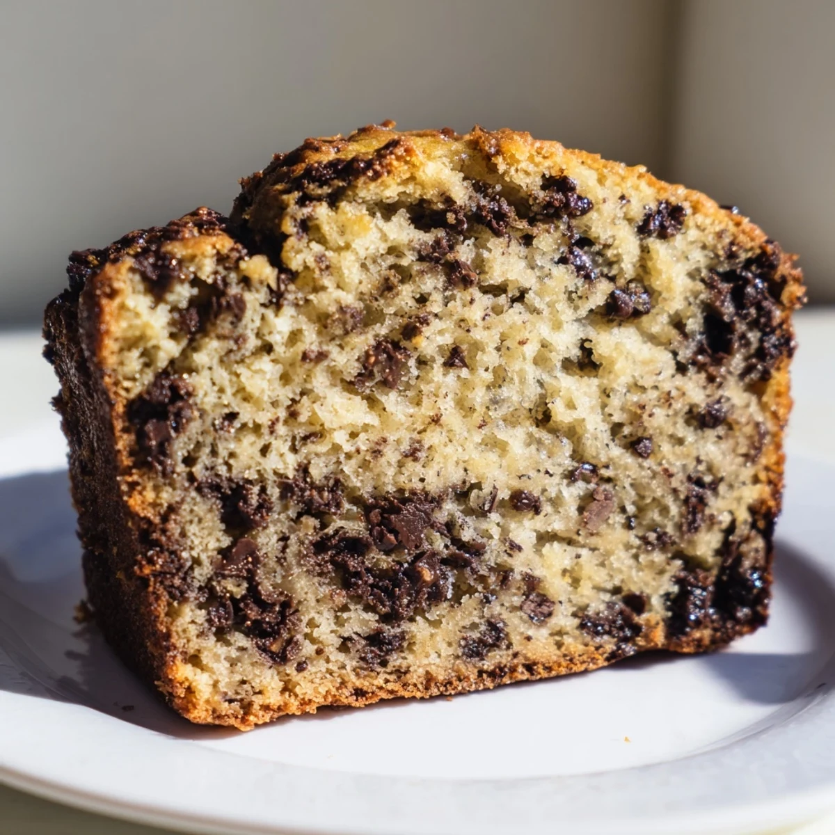 Delicious one bowl banana bread with melted chocolate chips on a wire rack.
