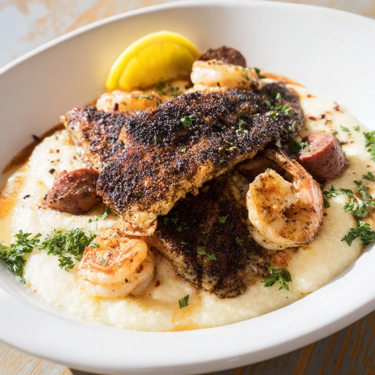 Creamy blackened Cajun catfish shrimp sausage grits topped with fresh parsley garnish on a rustic plate.  
