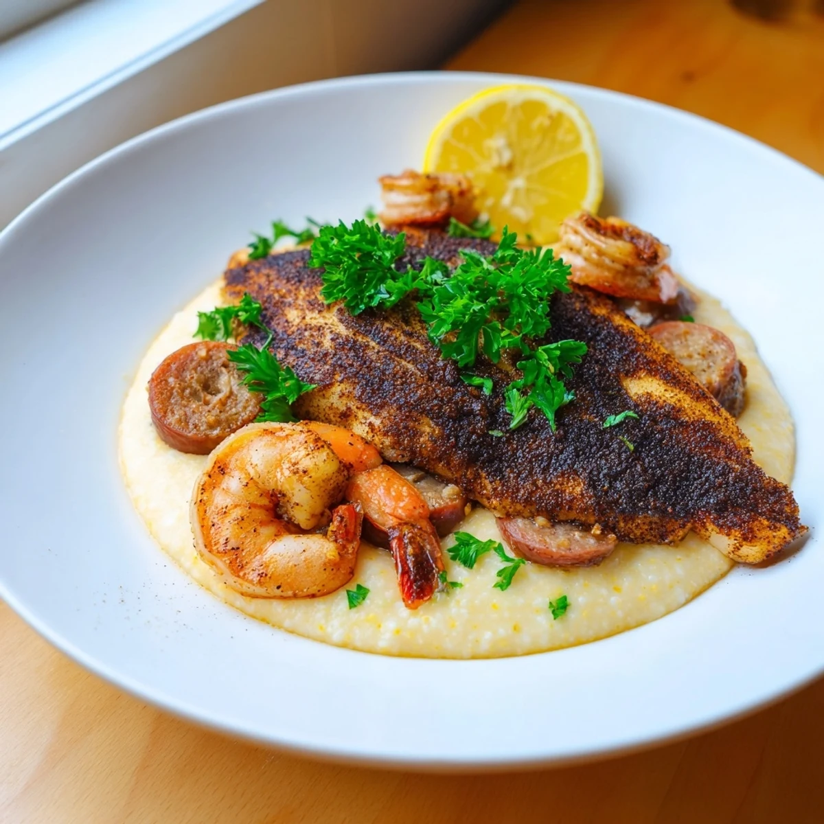 Golden cheesy grits layered with spicy blackened catfish, juicy shrimp, and savory andouille sausage.  