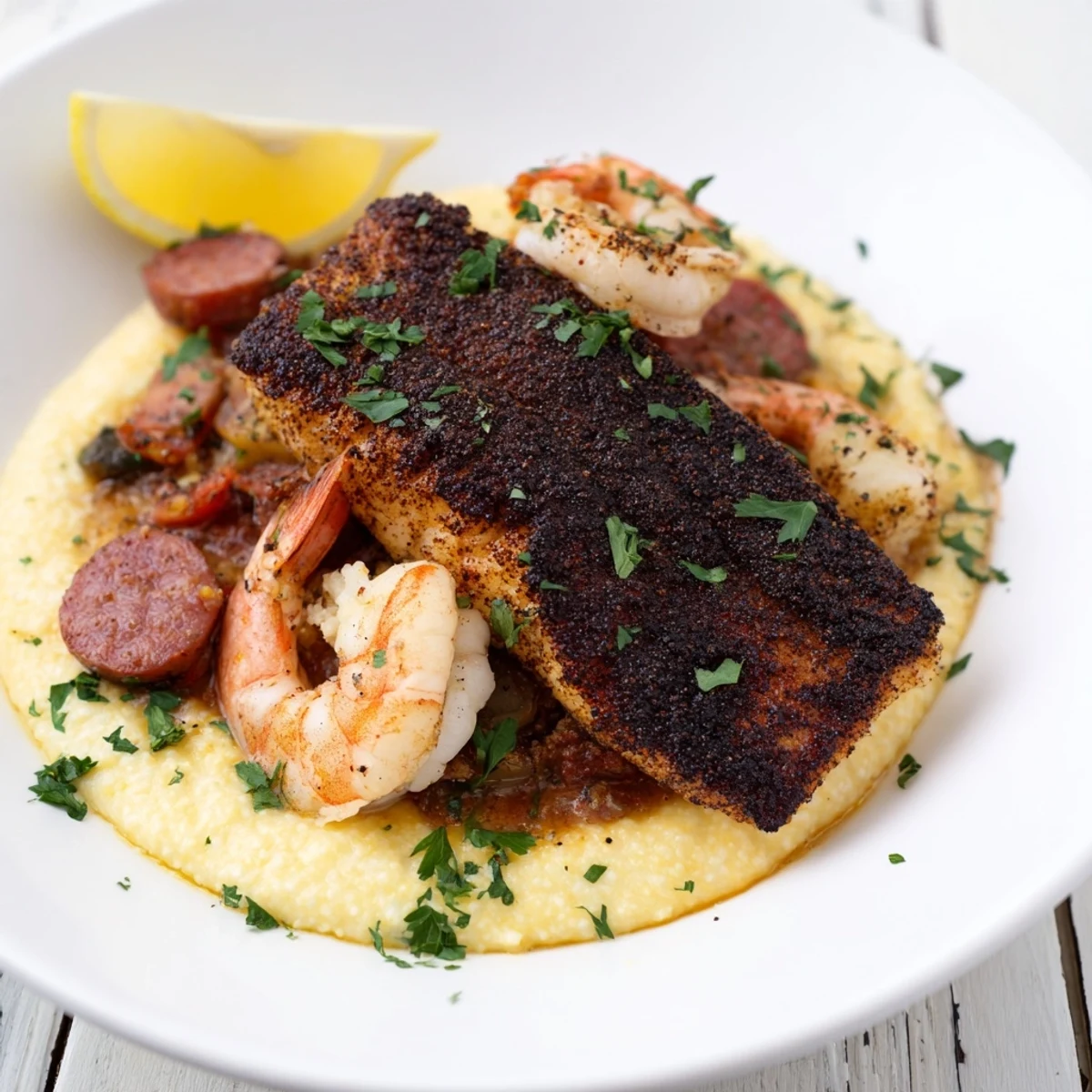 Southern style blackened Cajun catfish shrimp sausage grits served with lemon wedges for a zesty finish.