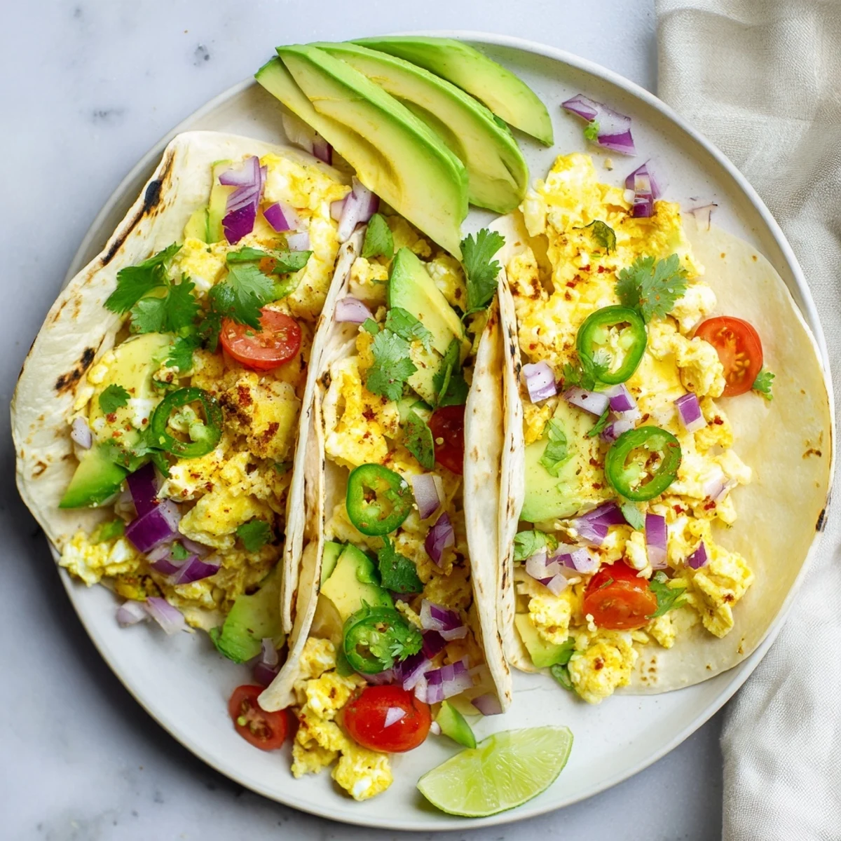 Warm flour tortillas stuffed with fluffy scrambled eggs and fresh avocado slices in this Breakfast Tacos Recipe  