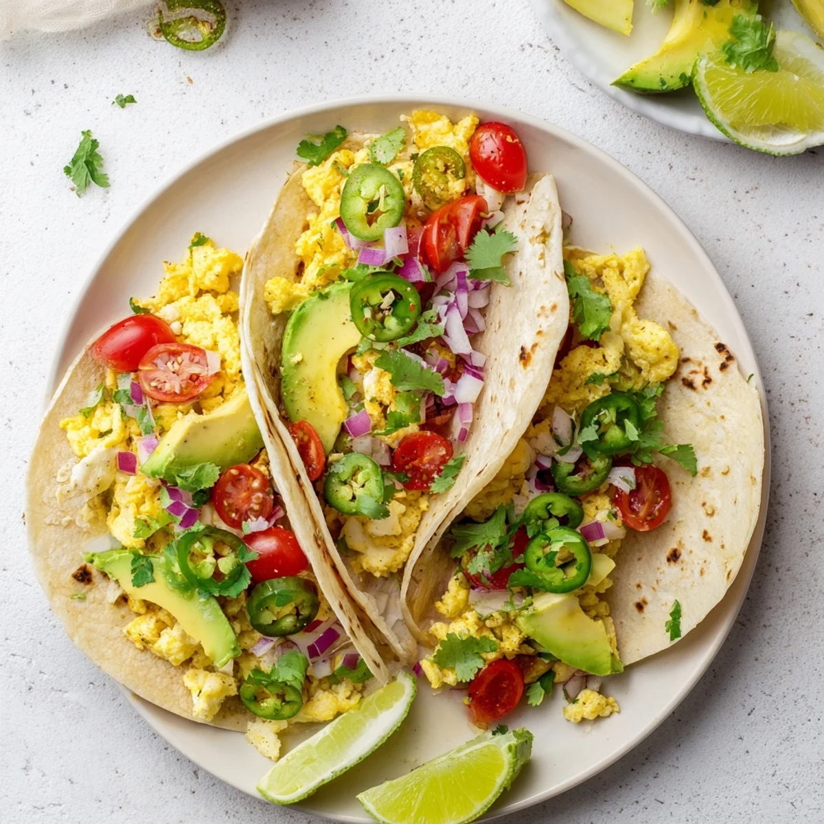Vibrant Breakfast Tacos Recipe topped with cheddar cheese, cilantro, and juicy diced cherry tomatoes  