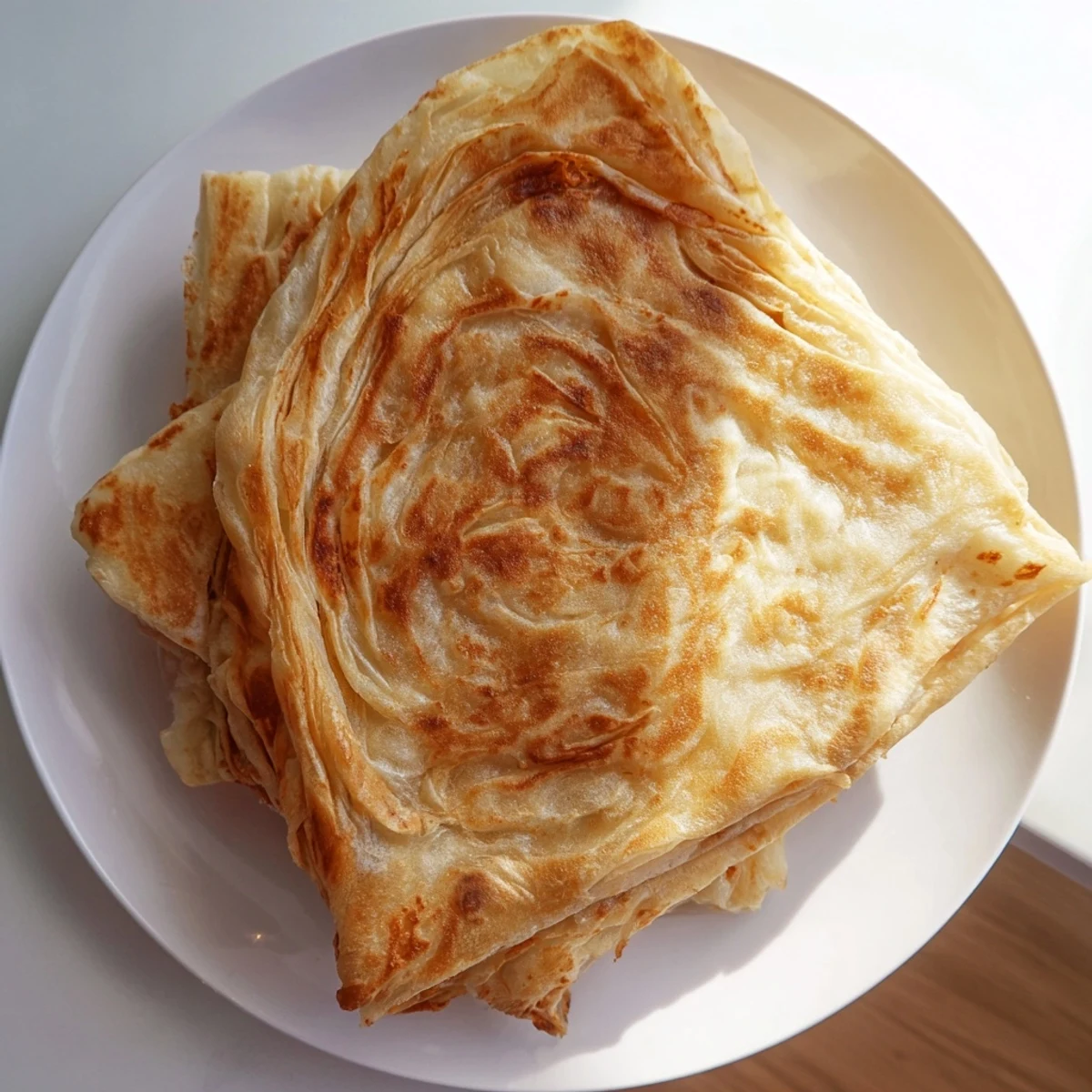 Crisp, buttery Roti Canai bread torn apart to show delicate layers.  