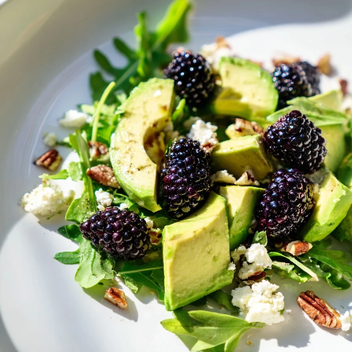 Vibrant bowl of blackberry avocado salad featuring arugula, feta, and toasted pecans  