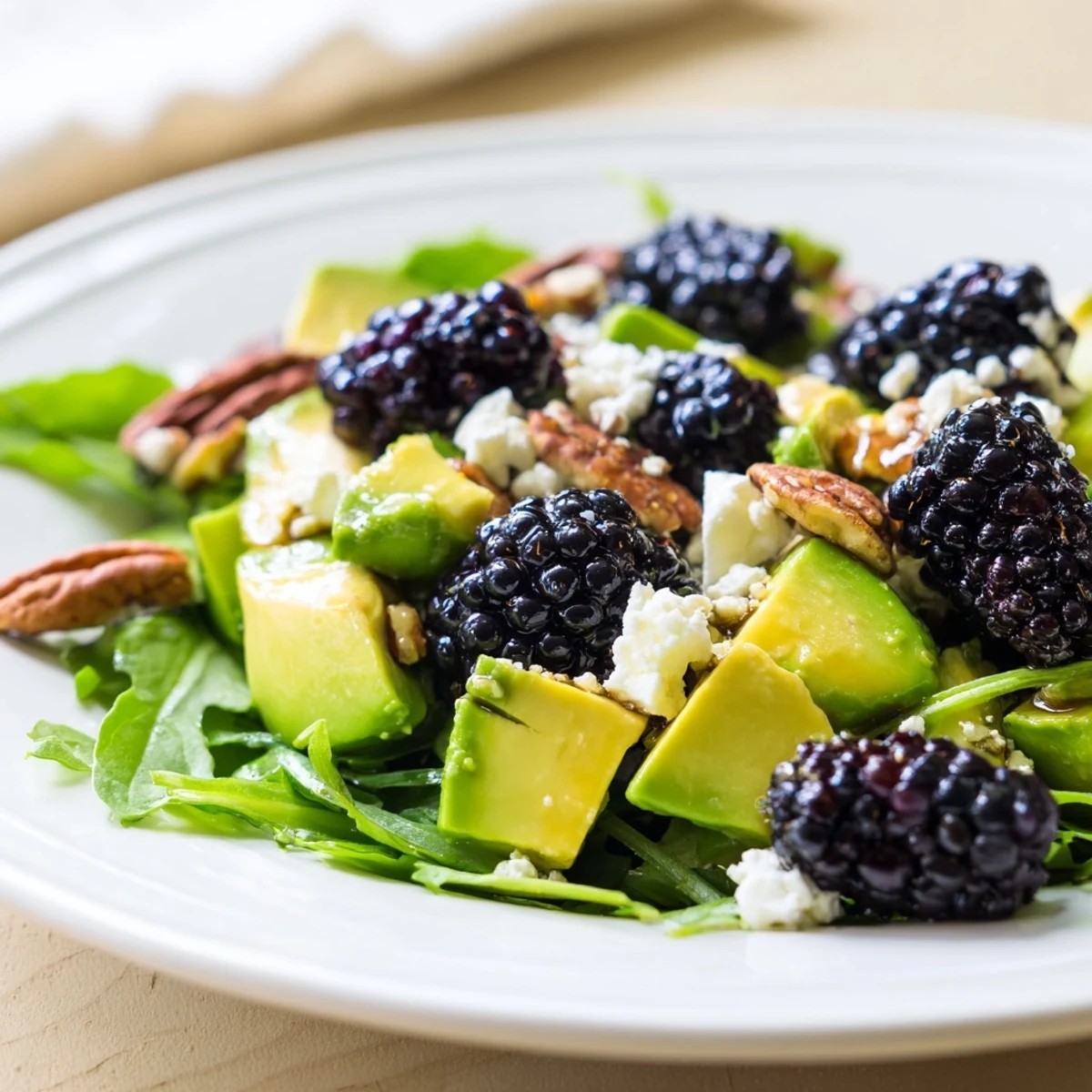 A refreshing blackberry avocado salad topped with red onion and zesty lime dressing