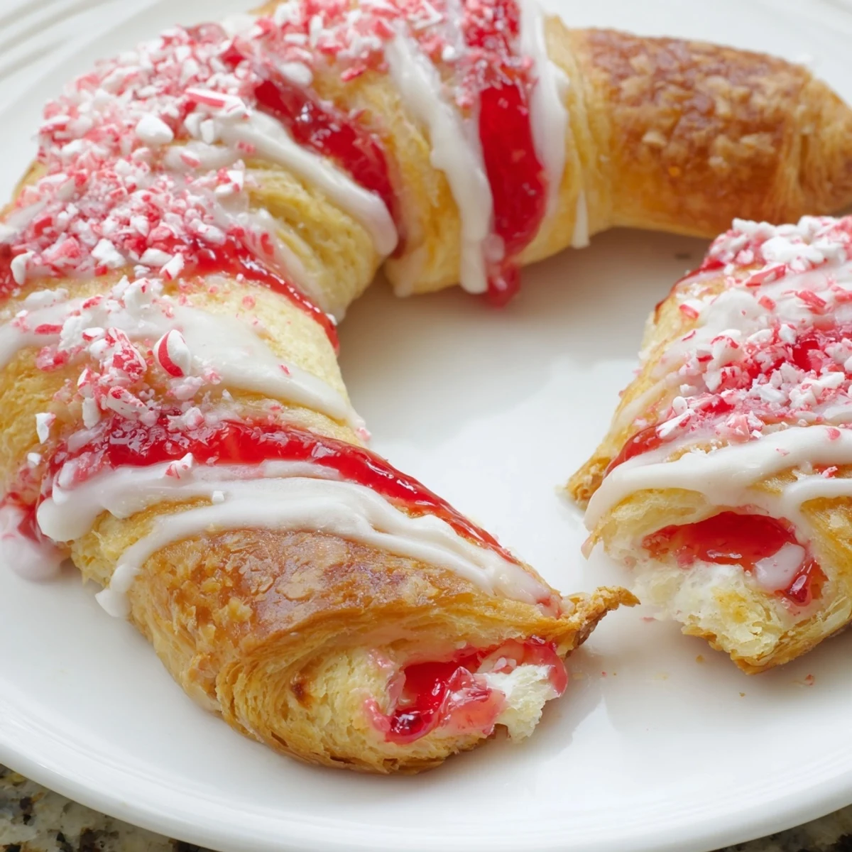 Golden Candy Cane Crescent drizzled with white icing and peppermint bits  