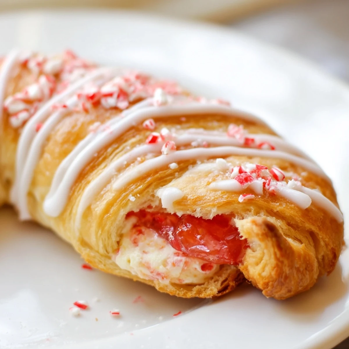 Flaky pastry filled with cream cheese and strawberry preserves shaped like a candy cane  