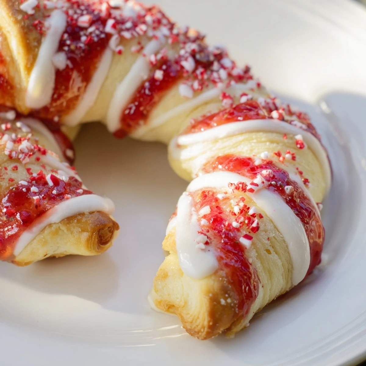 Festive Candy Cane Crescent topped with crushed peppermint candies ready for holiday breakfast
